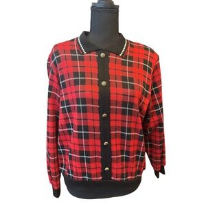Alfred Dunner Petite Vintage Red Black Plaid Button Front Sweater Top Women M